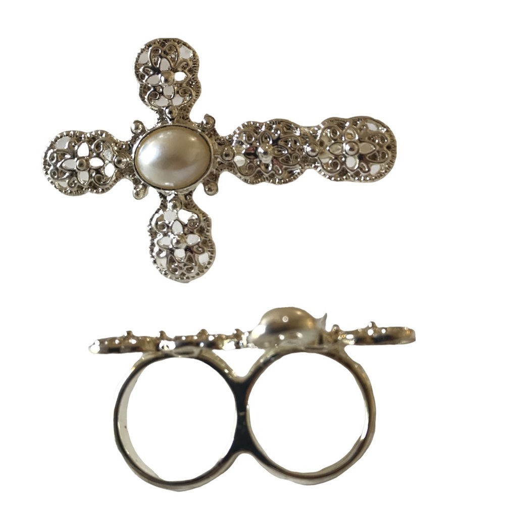 Double Finger Sideways Cross Ring Filigree Silver Pearl 5 6 7